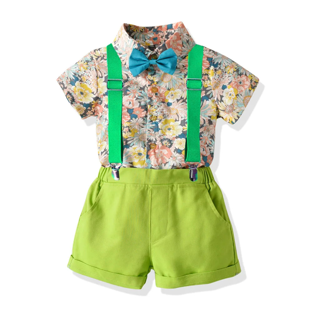 Boy's Summer Flower Printed Causal Suit W/ Bow Tie Pure Cotton 2-8 Years