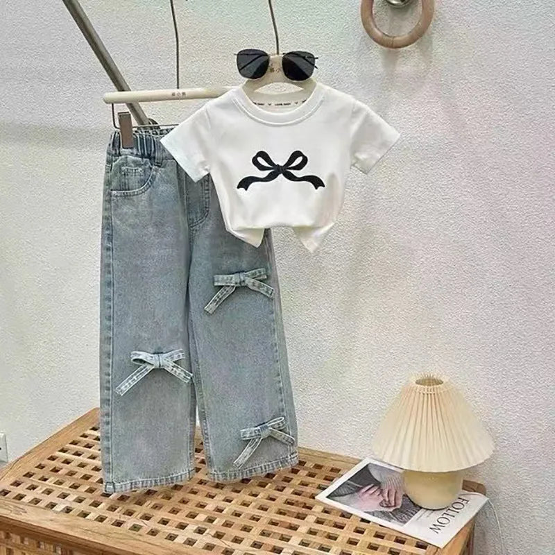 Cute Girls Bow Printed Short Sleeve Top + Jeans 2pcs Set