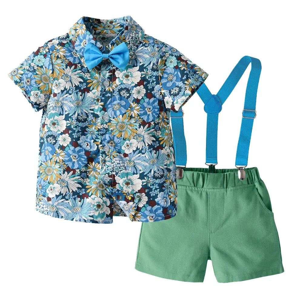Boy's Summer Flower Printed Causal Suit W/ Bow Tie Pure Cotton 2-8 Years