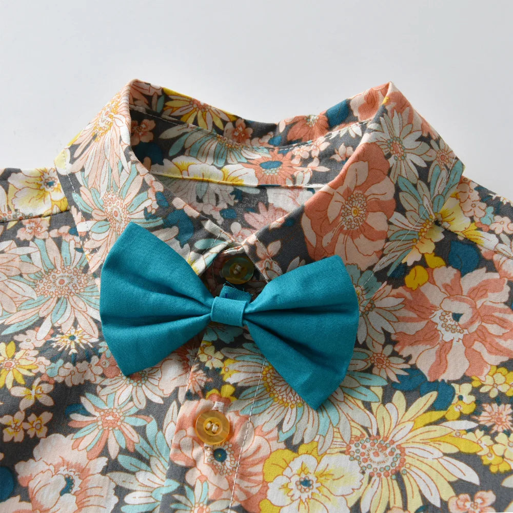 Boy's Summer Flower Printed Causal Suit W/ Bow Tie Pure Cotton 2-8 Years
