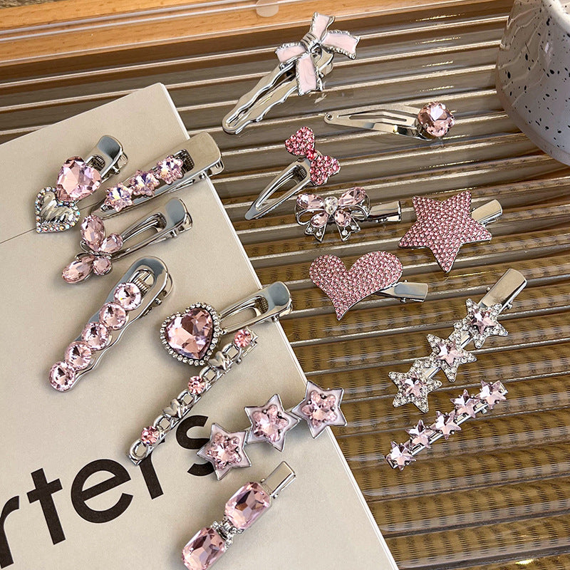 Fashion Luxury Vintage Pink/Silver Heart Rhinestone Hair Clips For Women/Girls