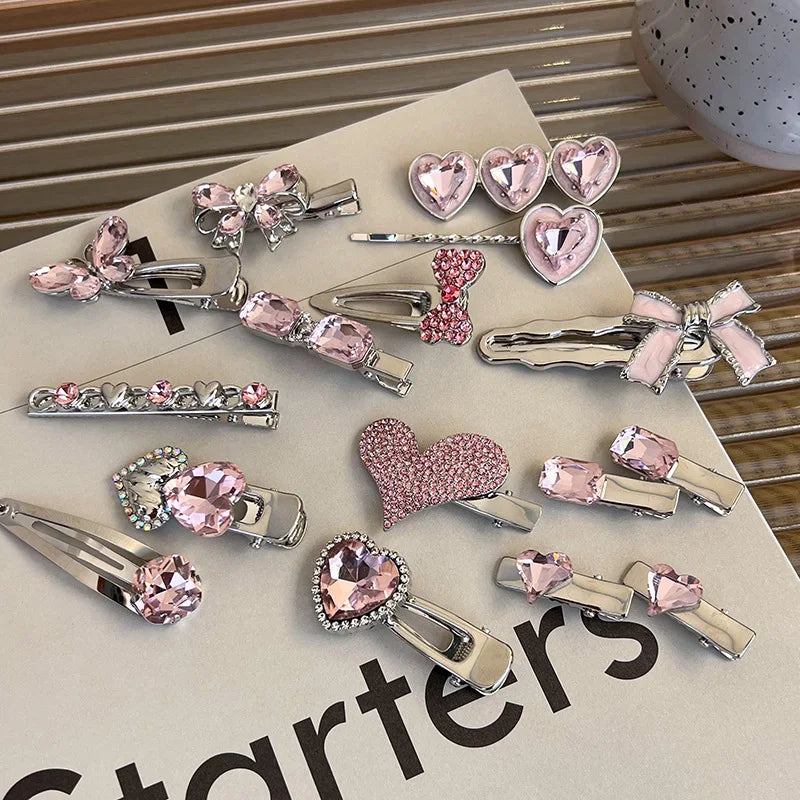 Fashion Luxury Vintage Pink/Silver Heart Rhinestone Hair Clips For Women/Girls