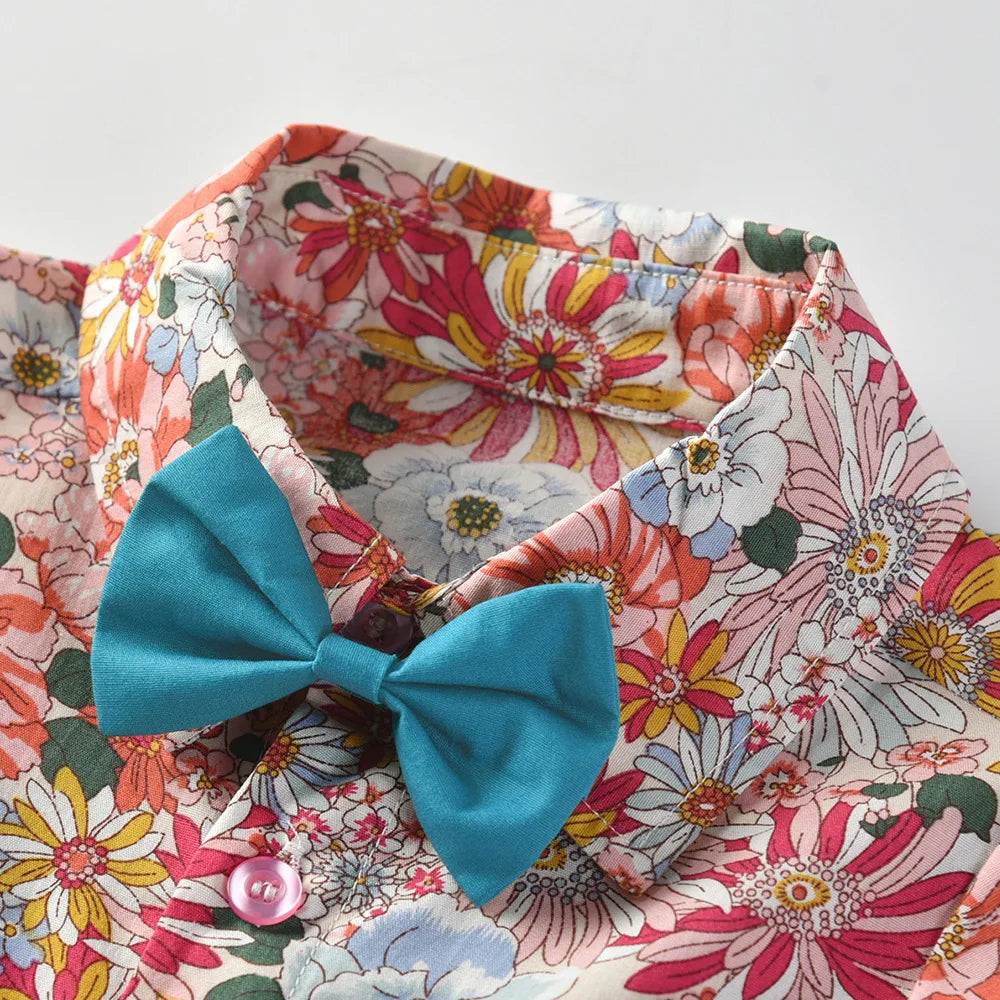 Boy's Summer Flower Printed Causal Suit W/ Bow Tie Pure Cotton 2-8 Years