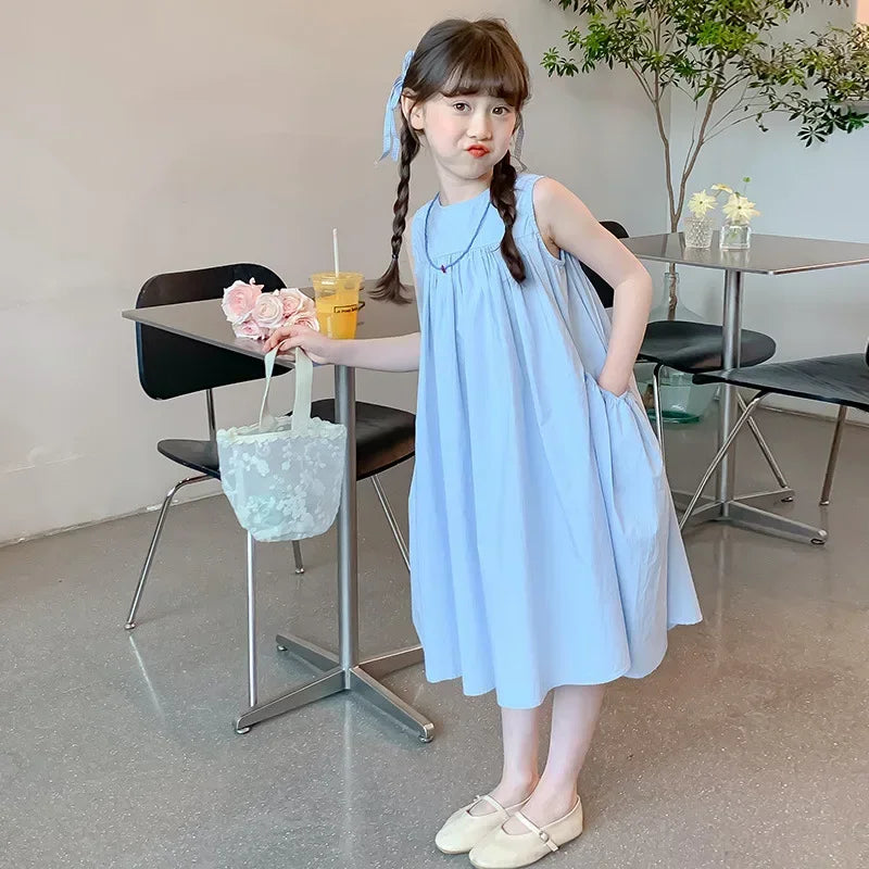 Girls Summer Round Neck Pleated Princess Dress