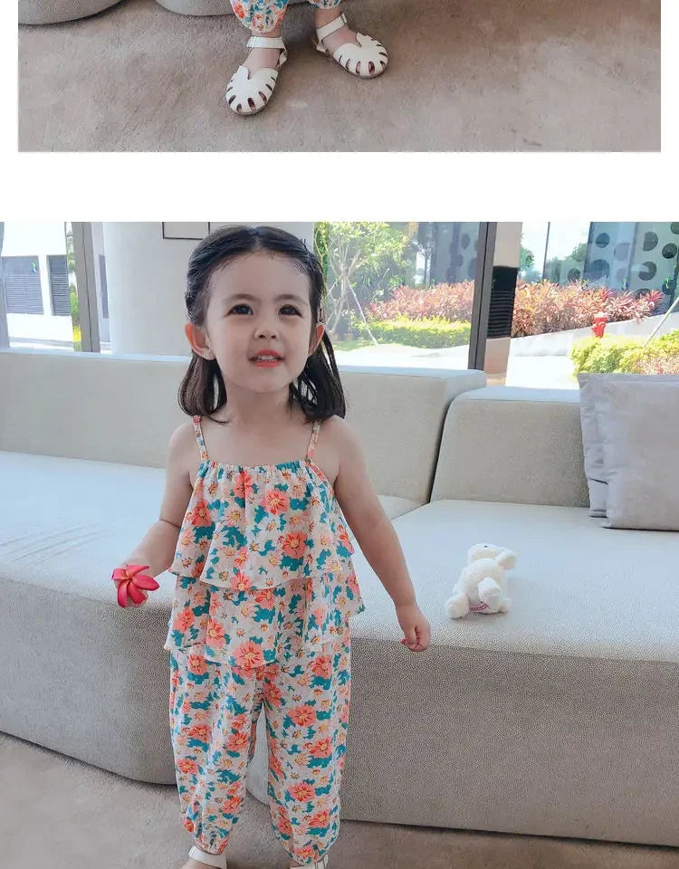 Summers New Baby Girl Cute Floral Vest And Anti-Mosquito Pants