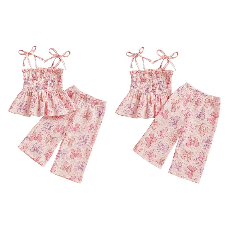 Lioraitiin Baby Girl Lacing Strap Camisole Elastic Waistband Pants Outfits