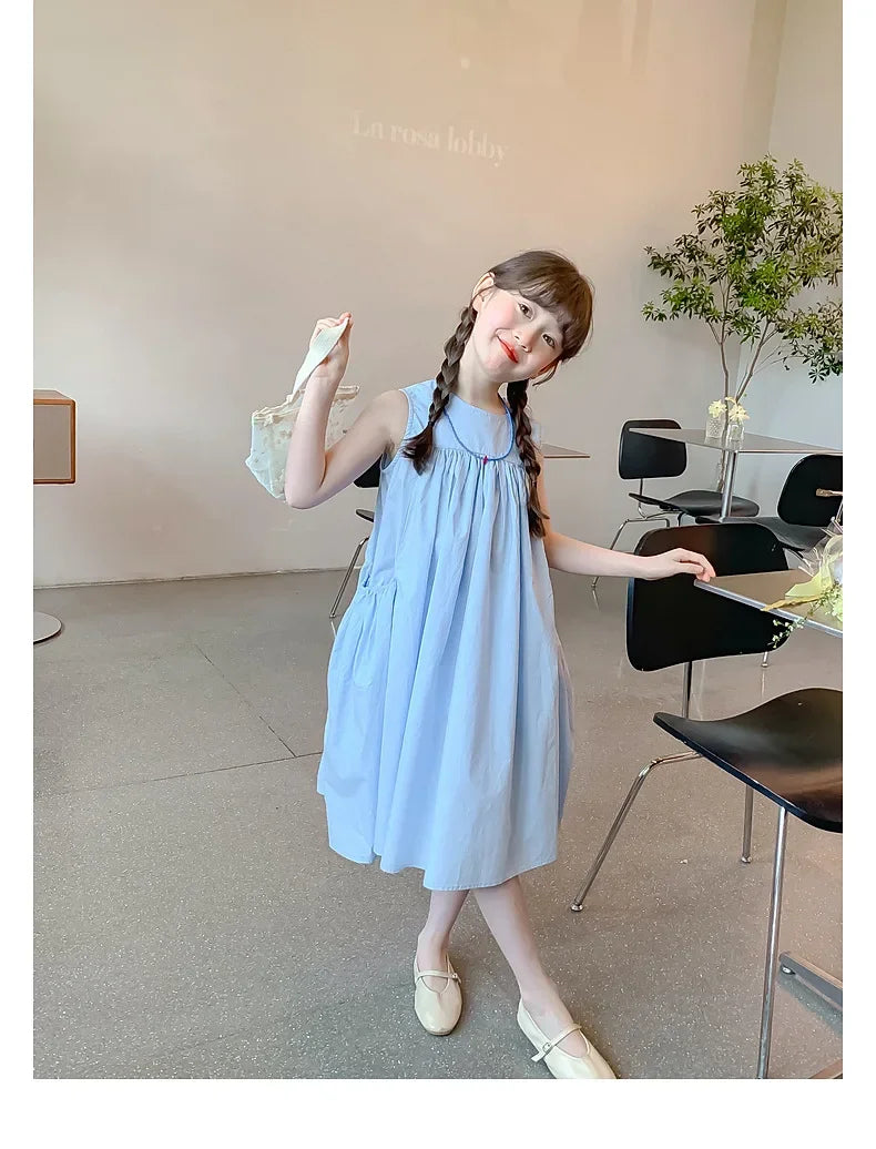 Girls Summer Round Neck Pleated Princess Dress