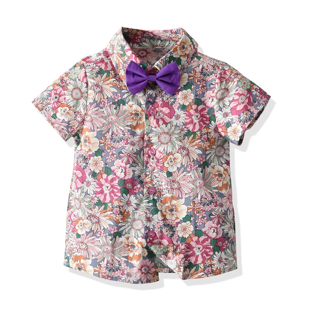 Boy's Summer Flower Printed Causal Suit W/ Bow Tie Pure Cotton 2-8 Years