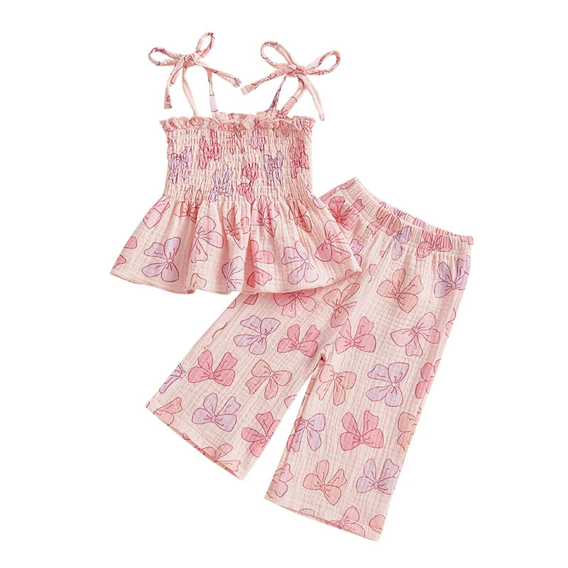 Lioraitiin Baby Girl Lacing Strap Camisole Elastic Waistband Pants Outfits