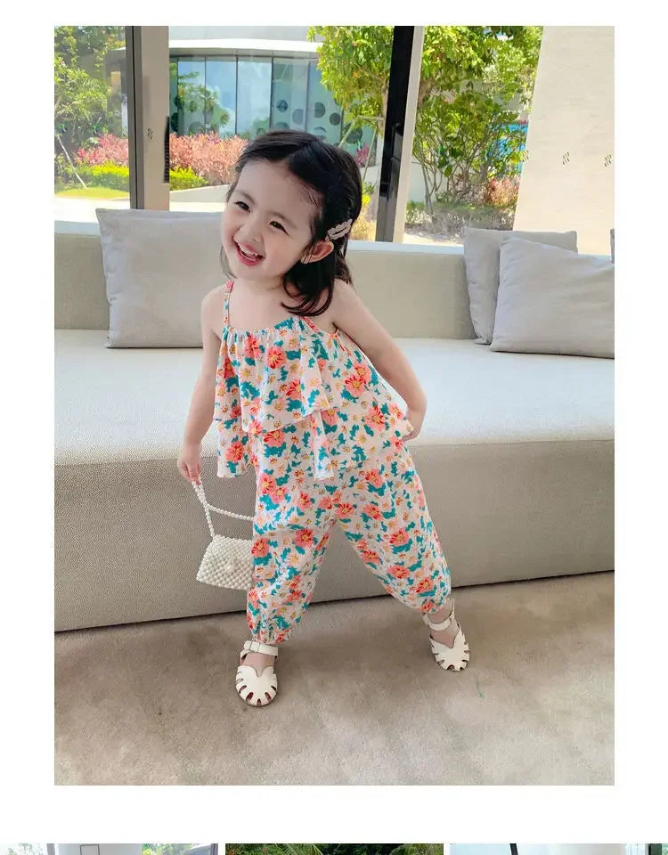 Summers New Baby Girl Cute Floral Vest And Anti-Mosquito Pants