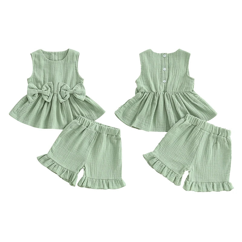 Lioraitiin Toddler Girl Summer Clothes Solid Color Bow Round Neck Tank Tops + Elastic Waist Ruffled Shorts Set