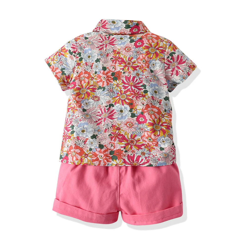 Boy's Summer Flower Printed Causal Suit W/ Bow Tie Pure Cotton 2-8 Years