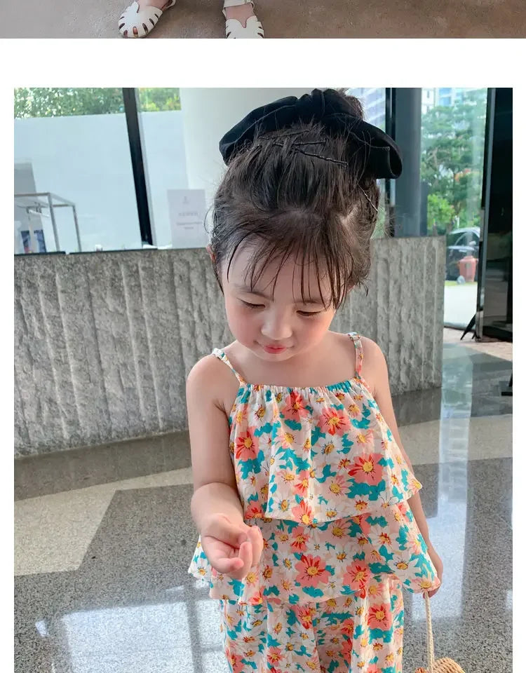 Summers New Baby Girl Cute Floral Vest And Anti-Mosquito Pants