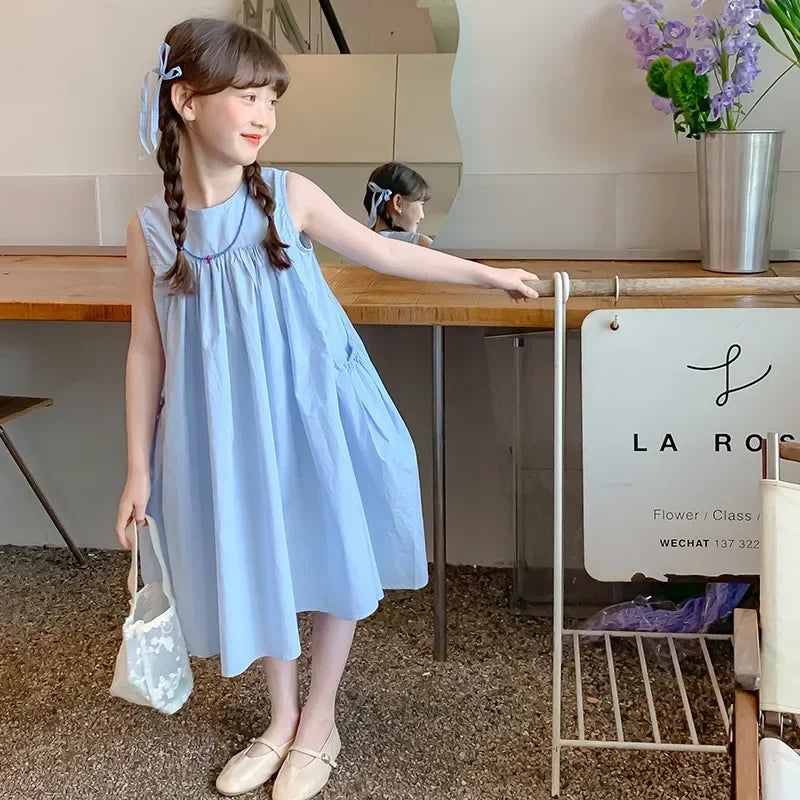 Girls Summer Round Neck Pleated Princess Dress