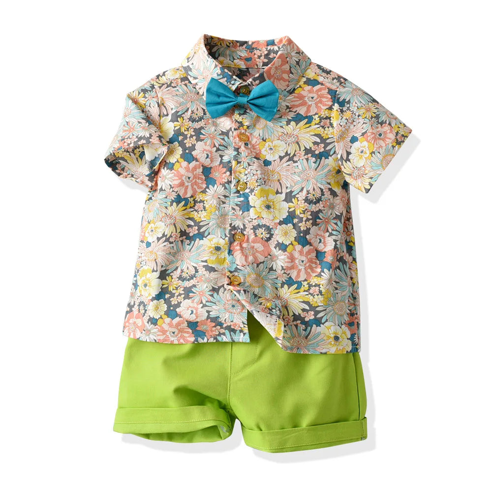 Boy's Summer Flower Printed Causal Suit W/ Bow Tie Pure Cotton 2-8 Years