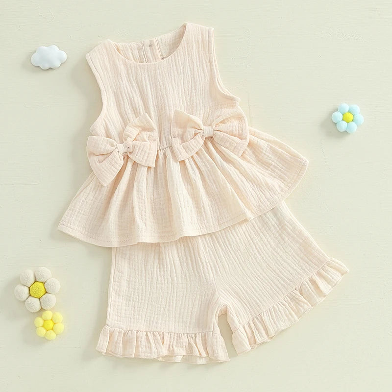 Lioraitiin Toddler Girl Summer Clothes Solid Color Bow Round Neck Tank Tops + Elastic Waist Ruffled Shorts Set