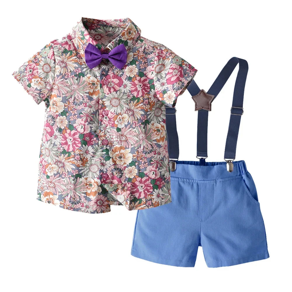 Boy's Summer Flower Printed Causal Suit W/ Bow Tie Pure Cotton 2-8 Years