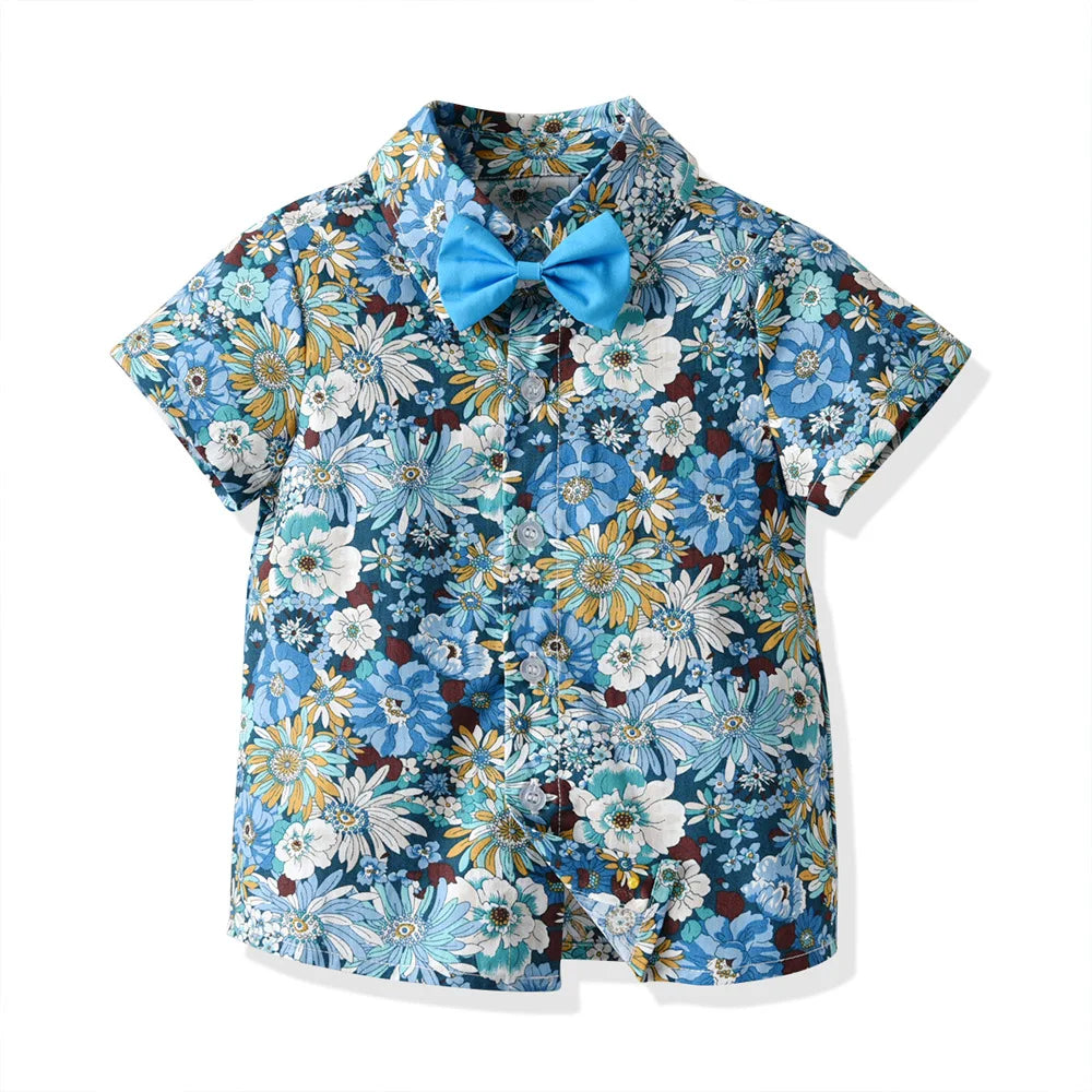 Boy's Summer Flower Printed Causal Suit W/ Bow Tie Pure Cotton 2-8 Years