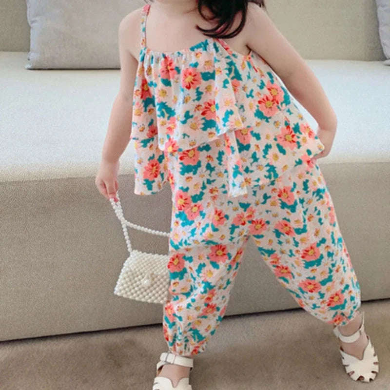 Summers New Baby Girl Cute Floral Vest And Anti-Mosquito Pants