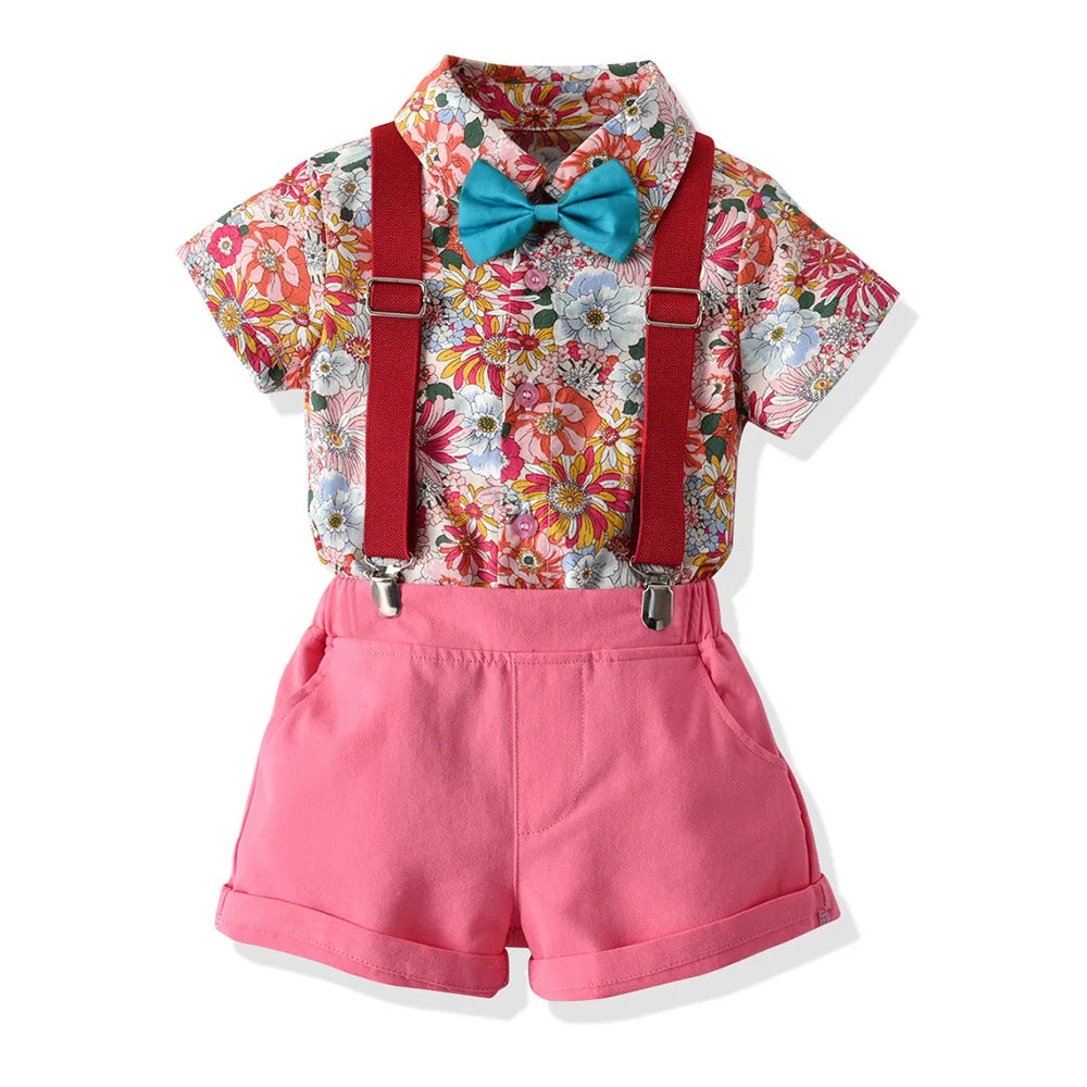 Boy's Summer Flower Printed Causal Suit W/ Bow Tie Pure Cotton 2-8 Years