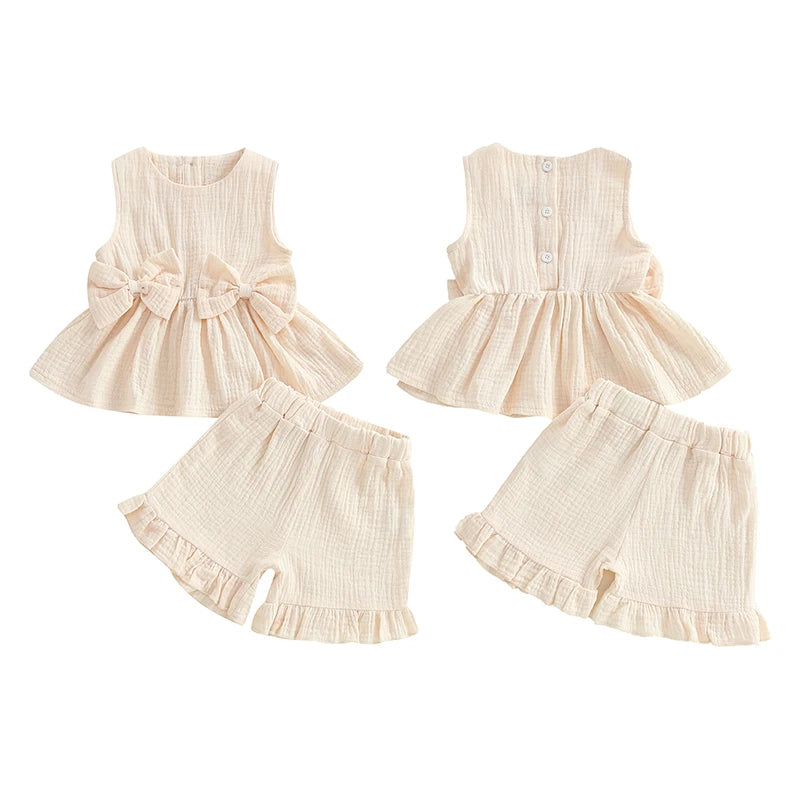 Lioraitiin Toddler Girl Summer Clothes Solid Color Bow Round Neck Tank Tops + Elastic Waist Ruffled Shorts Set
