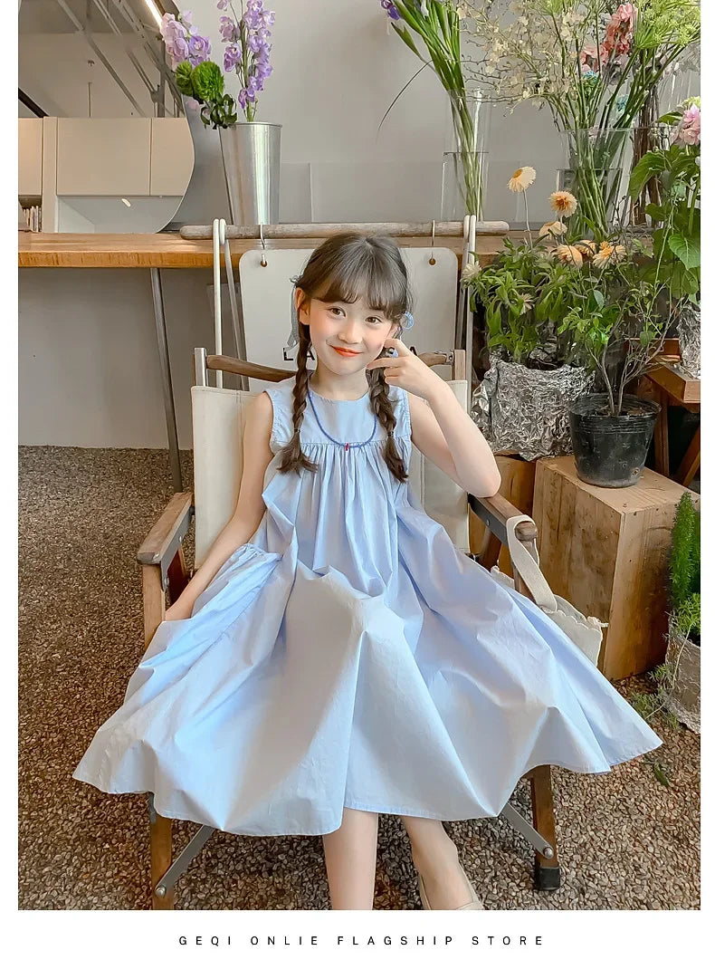 Girls Summer Round Neck Pleated Princess Dress
