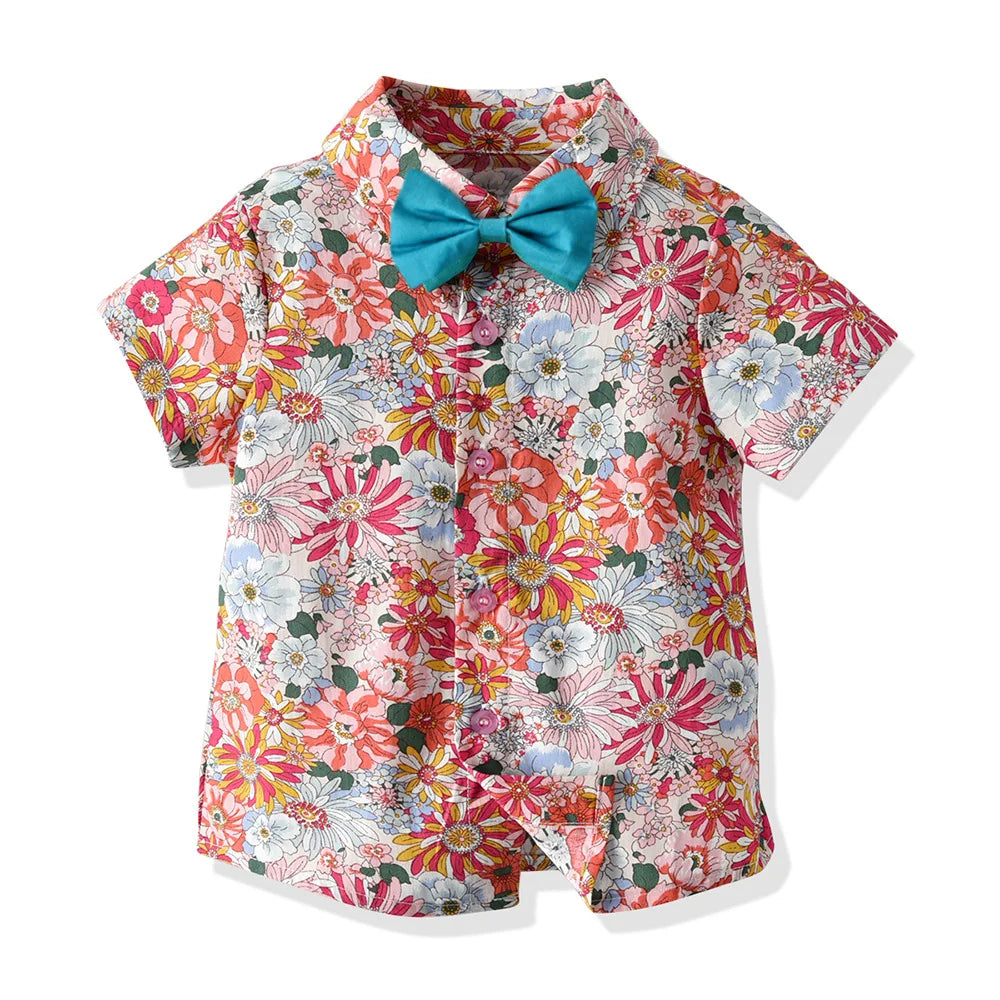 Boy's Summer Flower Printed Causal Suit W/ Bow Tie Pure Cotton 2-8 Years