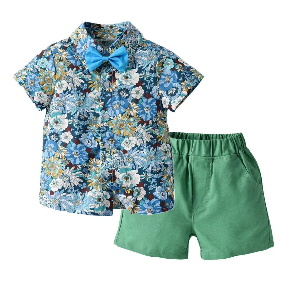 Boy's Summer Flower Printed Causal Suit W/ Bow Tie Pure Cotton 2-8 Years