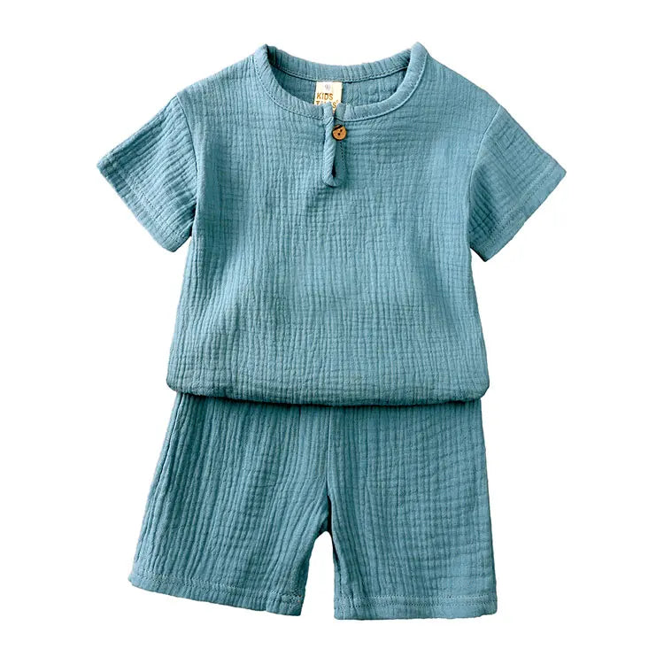 Kids Soild Color Unisex Cotton Linen Short Sleeve Tops/Shorts Set