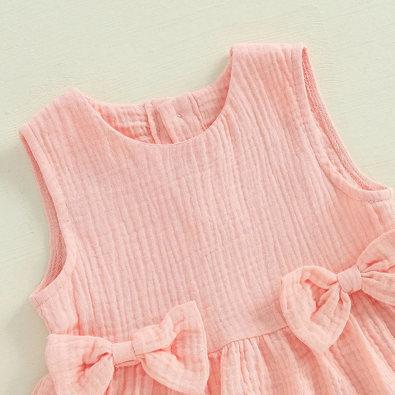 Lioraitiin Toddler Girl Summer Clothes Solid Color Bow Round Neck Tank Tops + Elastic Waist Ruffled Shorts Set