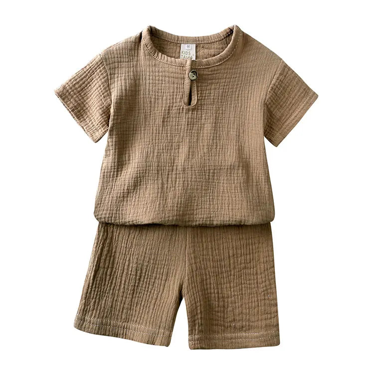 Kids Soild Color Unisex Cotton Linen Short Sleeve Tops/Shorts Set