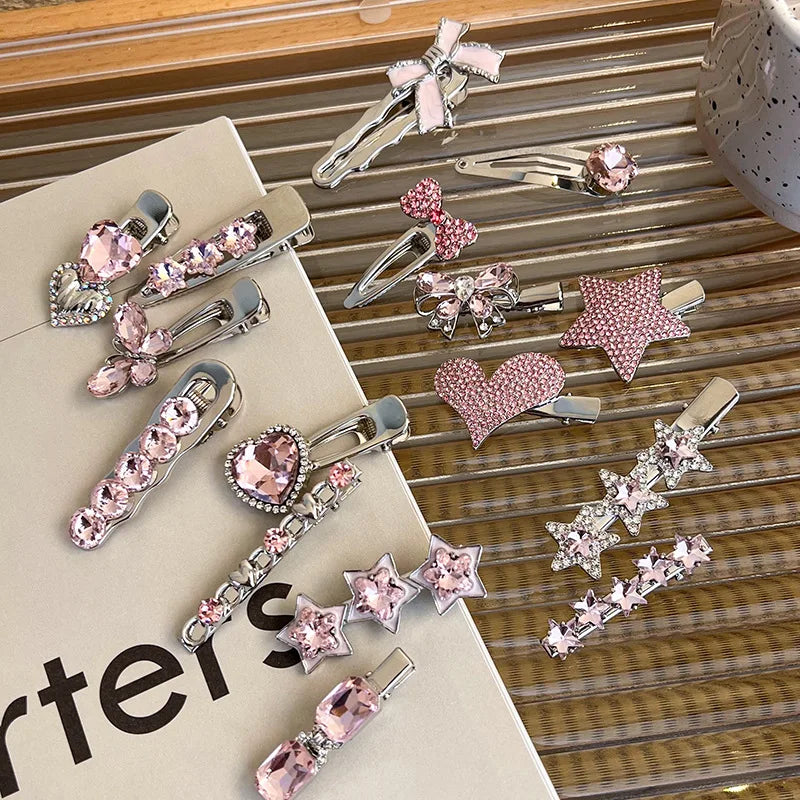 Fashion Luxury Vintage Pink/Silver Heart Rhinestone Hair Clips For Women/Girls