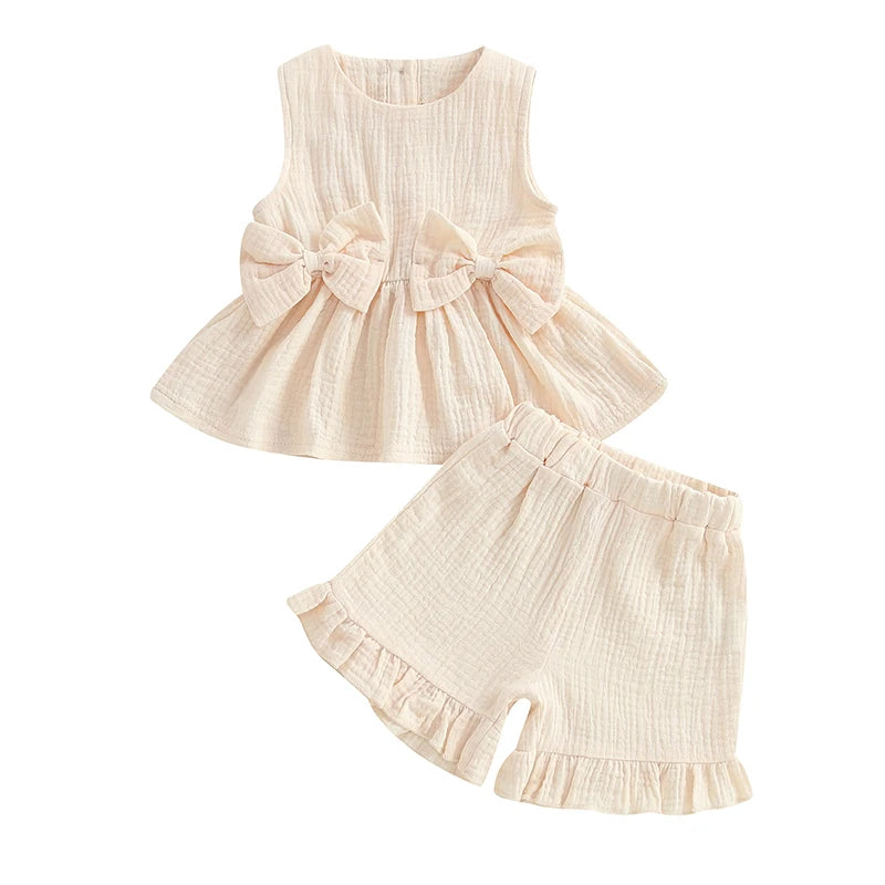 Lioraitiin Toddler Girl Summer Clothes Solid Color Bow Round Neck Tank Tops + Elastic Waist Ruffled Shorts Set