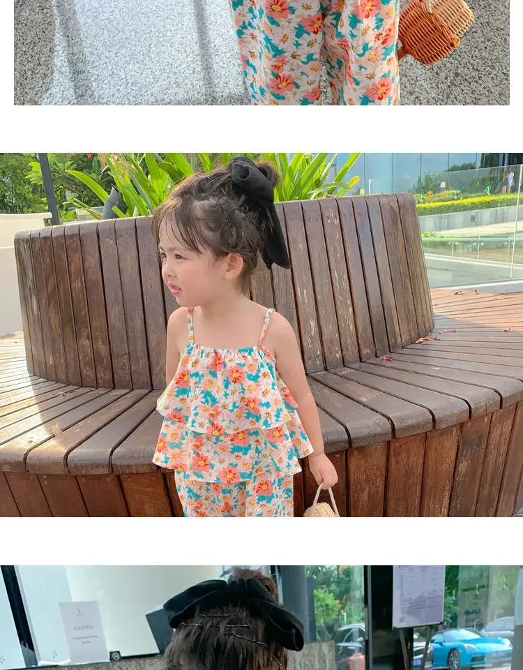 Summers New Baby Girl Cute Floral Vest And Anti-Mosquito Pants