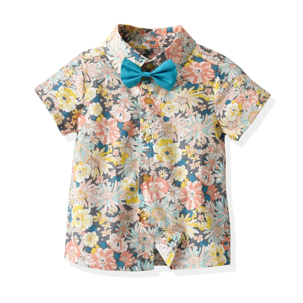 Boy's Summer Flower Printed Causal Suit W/ Bow Tie Pure Cotton 2-8 Years