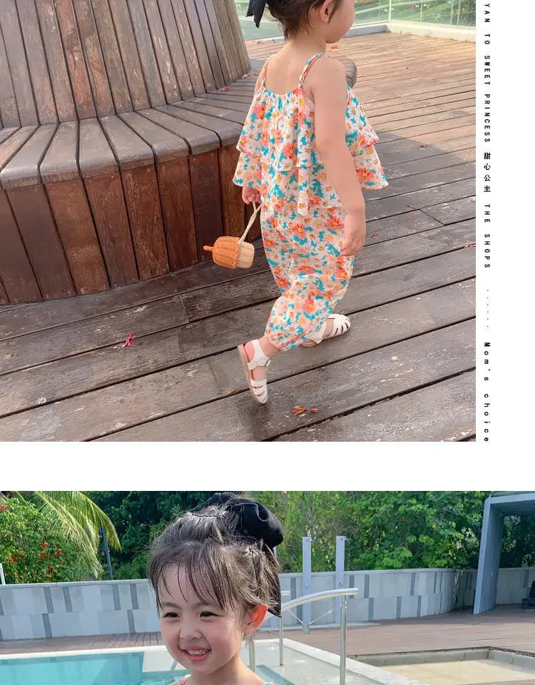 Summers New Baby Girl Cute Floral Vest And Anti-Mosquito Pants