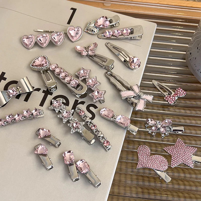 Fashion Luxury Vintage Pink/Silver Heart Rhinestone Hair Clips For Women/Girls