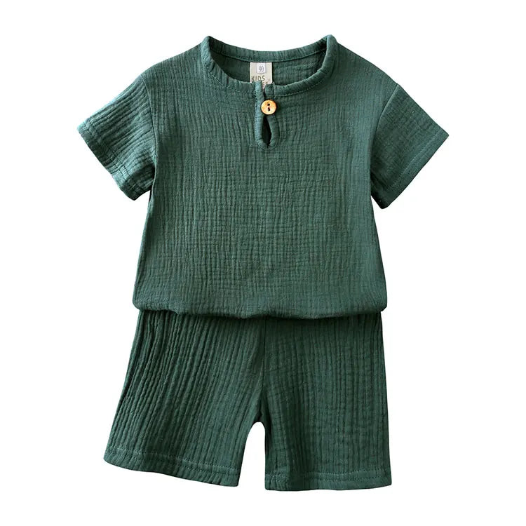 Kids Soild Color Unisex Cotton Linen Short Sleeve Tops/Shorts Set