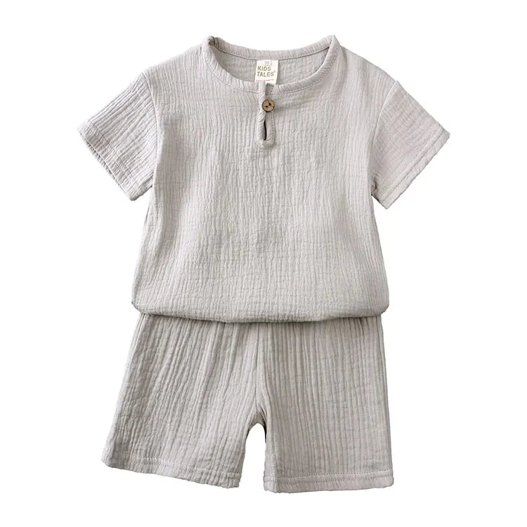 Kids Soild Color Unisex Cotton Linen Short Sleeve Tops/Shorts Set