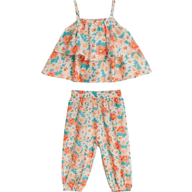 Summers New Baby Girl Cute Floral Vest And Anti-Mosquito Pants