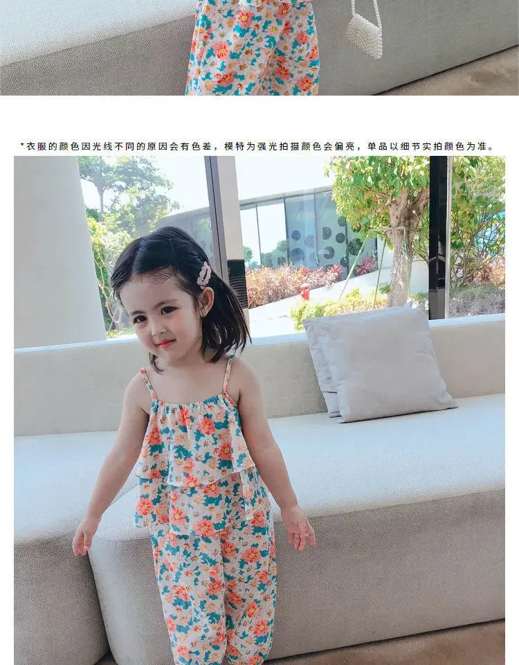 Summers New Baby Girl Cute Floral Vest And Anti-Mosquito Pants