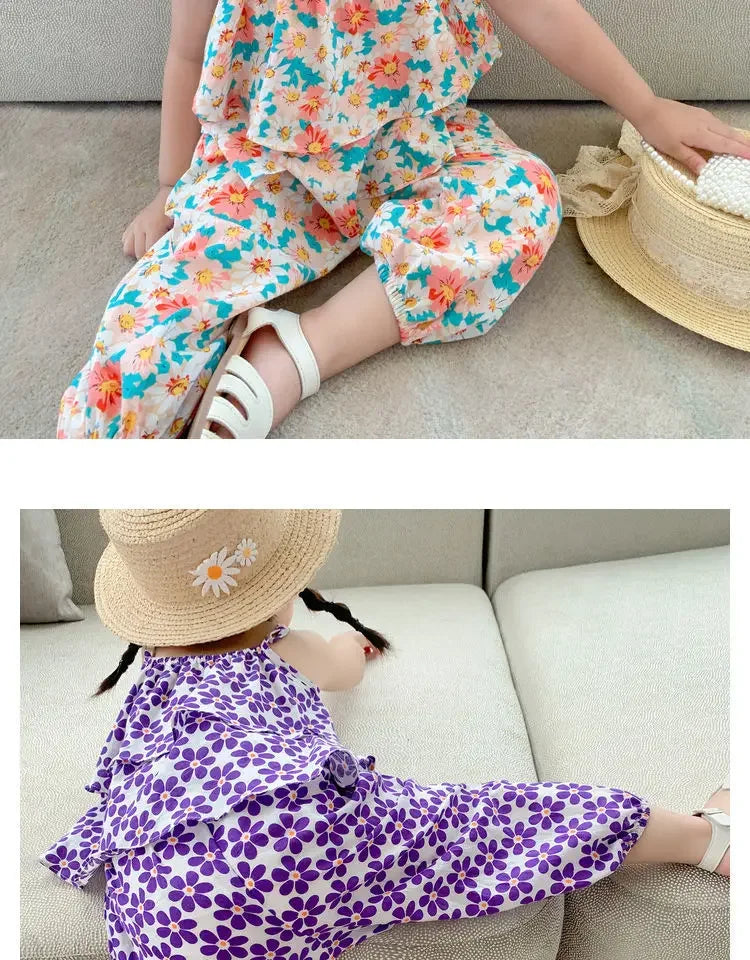 Summers New Baby Girl Cute Floral Vest And Anti-Mosquito Pants