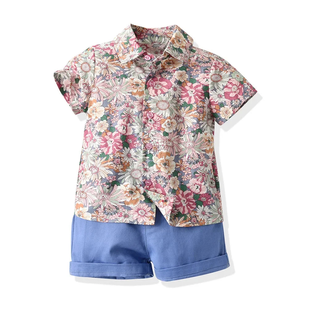 Boy's Summer Flower Printed Causal Suit W/ Bow Tie Pure Cotton 2-8 Years