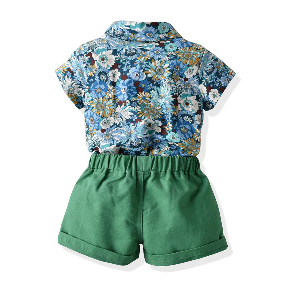 Boy's Summer Flower Printed Causal Suit W/ Bow Tie Pure Cotton 2-8 Years