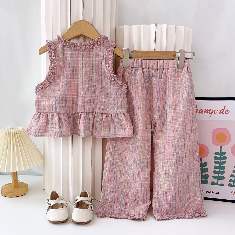 Girl's Pink Summer Two-piece Set W/Ruffles