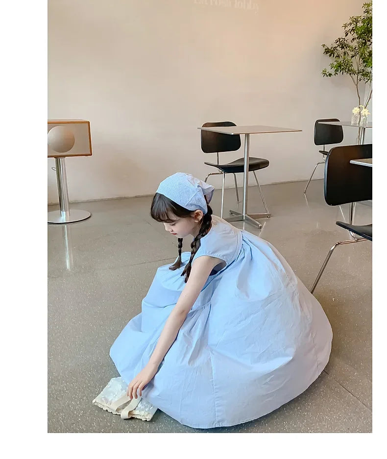 Girls Summer Round Neck Pleated Princess Dress