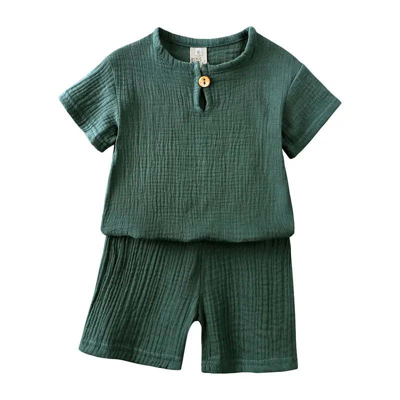 Kids Soild Color Unisex Cotton Linen Short Sleeve Tops/Shorts Set