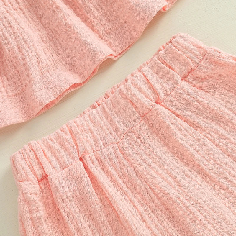 Lioraitiin Toddler Girl Summer Clothes Solid Color Bow Round Neck Tank Tops + Elastic Waist Ruffled Shorts Set