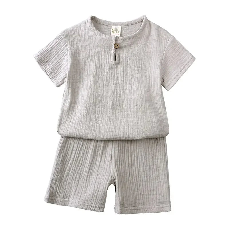 Kids Soild Color Unisex Cotton Linen Short Sleeve Tops/Shorts Set