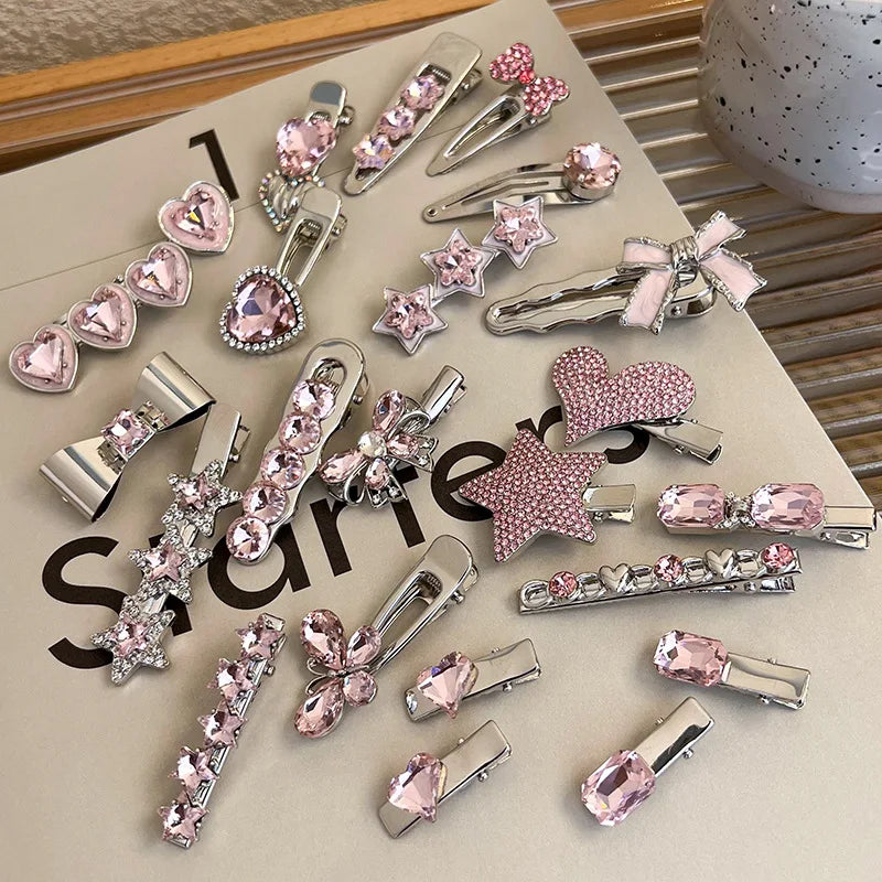 Fashion Luxury Vintage Pink/Silver Heart Rhinestone Hair Clips For Women/Girls